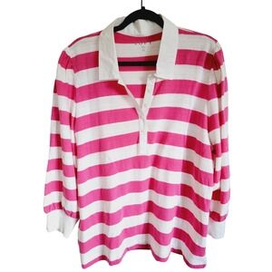 LOFT XL By Ann Taylor Knit Polo Top Sweater Blouse Pink White Striped Cotton NWT